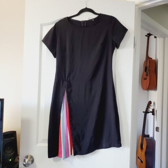 Boutique Multicolor Rainbow Pleat Black Dress L - Picture 2 of 3